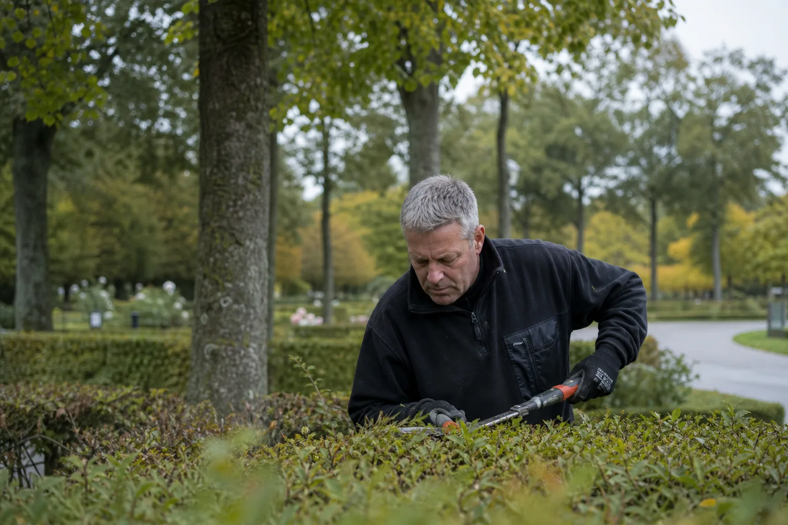 Groen bladerdak van hoge bomen met zonlicht dat er doorheen valt, als het stille beeld van een begraafplaats
